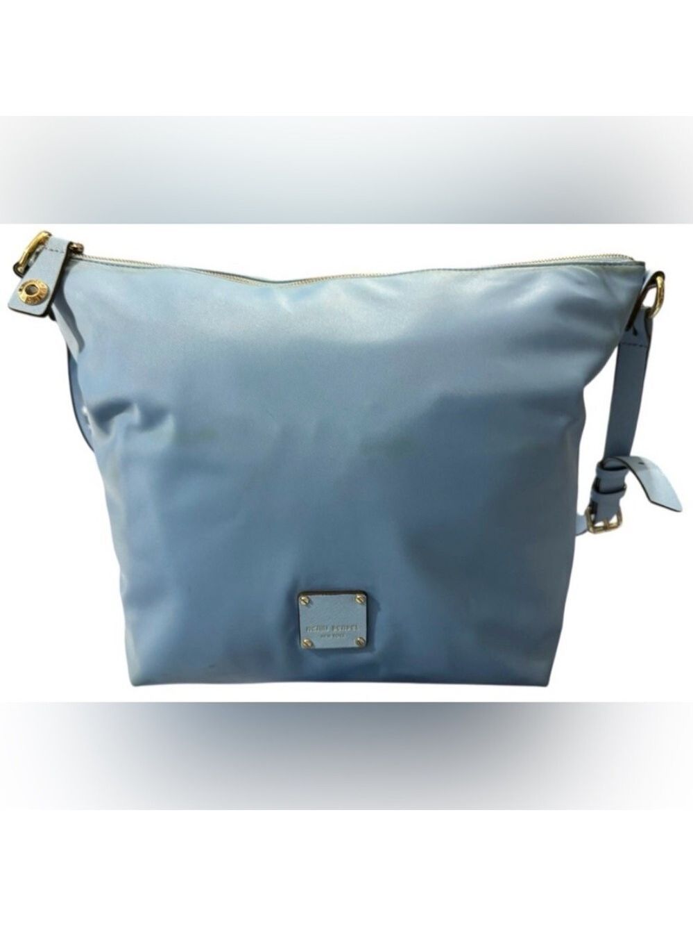 Henri Bendel Blue Nylon Tote Gold Hardware Shoulder Bag Large